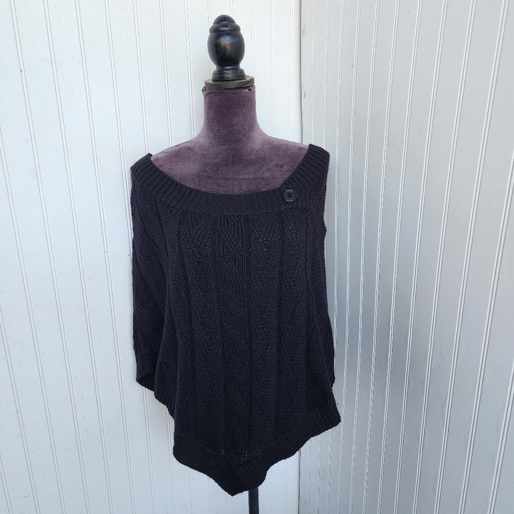G By Guess Black Poncho Sweater Womens Chunky Knit Bolero Shawl Wool Blend M